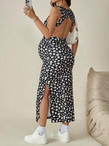 SHEIN Maternity Summer Sexy Ditsy Floral Pattern Side Slit Backless Bodycon Dress - Red - View 7