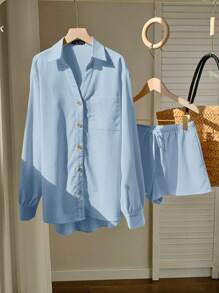 Comfortcana Spring Pastel Color Loose Long Sleeve Shirt & Shorts Set For Women - Blue - View 7
