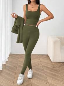 SHEIN EZwear Bộ đồ thể thao 3 món dệt kim màu trơn dài tay có khóa kéo dành cho nữ màu xanh lá cây quân đội, áo vest và quần bó - xanh quân đội - Xem 7