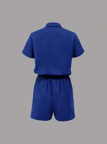 SHEIN LUNE Women's Solid Color Front Button Pockets Romper With Short Sleeves, Summer - Royal Blue - View 2