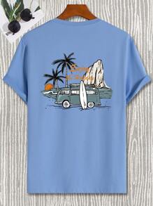 Manfinity RSRT Plus Size Men Short Sleeve Letter & Palm Tree Print Fitted T-Shirt, Men Vacation Tops - Baby Blue - View 4