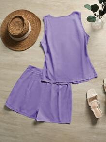 Franclia 2pcs/Set Women Casual Solid Color Linen Texture Fitted Vest & Wide Leg Shorts Set, Spring/Summer - Purple - View 2