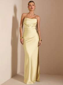 SHEIN BAE Sexy Green Halter Backless Tie-Front Extra Long Satin Mermaid Dress, Bridesmaid Dress, Satin Dress, Sexy Dress, Spring/Summer,Butter Yellow,Summer Dresses For Women - Yellow - View 3