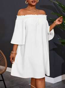 Slaydiva Plus Size Women Off-Shoulder Elegant Commute & Vacation A-Line Dress Flowy Dress - White - View 6