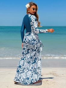 Swim Mulvari 3 件套春季 Mulvari Burkini 泳装套装：优雅拼布单袖印花上衣、纯色单袖、纯色裤子和热带印花超长沙滩裙 - 彩色 - 查看 2