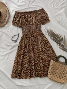 SHEIN VCAY Plus Size Vacation Off-Shoulder Dress With A Leopard Dress, Mother's Day Gift, Easter Clothes, Vacation Outfits Women, Concert Outfit Women, Graduation Dresses For Women,Summer Outfits For Women Women Short Dresses Summer Women Summer Clothing,Sun Dresses For Women