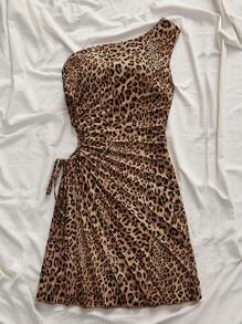 SHEIN VCAY Vestido mini de hombro único con pliegues y estampado de leopardo tejido para mujer - Multicolor - Ver 7