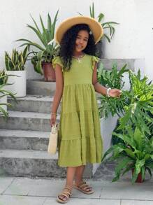 Tween Girl's Vacation Loose Casual Sweet Cute Textured Layered Cap Sleeve Dress, Suitable For Everyday, Commute, Leisure, Vacation, Gathering With Friends And Family, Spring/Summer Kids Summer Clothes Dress Summer Dresses For Girls Young Girls Dresses Young Girls Dresses Unique Dresses For Girls - Green - View 7