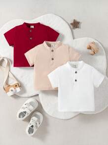 SHEIN 3-Piece Baby Boy Vintage Stylish Solid Color Short Sleeve Tops, Spring/Summer - Multicolor - View 1