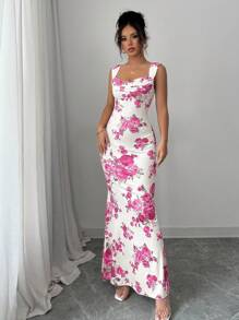 Elenzga 女士低胸玫瑰印花修身优雅吊带裙 - 粉色 - 查看 6