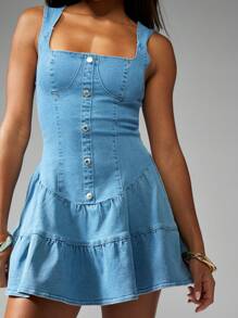 MISSGUIDED Corset-Style Denim Mini Dress With Button Front And Tiered Skirt Milkmaid Bustier Design Fit And Flare Summer Festival Sundress