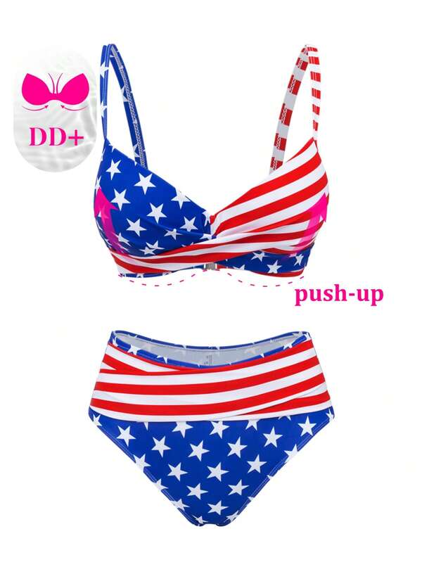 Swim DD+ Set bikini sexy pentru femei, cu imprimeu cu steagul SUA din ziua de 4 iulie, model încrucișat în față și model tankini în partea de jos, primăvară/vară