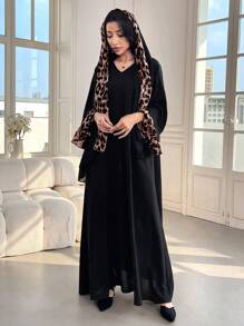 Al Najma Women's Leopard Print Patchwork Long Sleeve Casual Loose Arabic Style Dress With Hijab Scarf, Modest,Elegant, Maxi Length Arabian Dresses - Multicolor - View 7