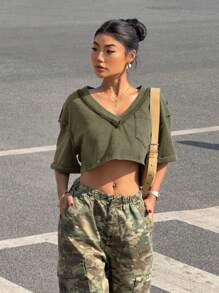 SHEIN EZwear Áo thun dệt kim ngắn màu xanh ô liu thường ngày dành cho nữ, mùa hè - xanh quân đội - Xem 4