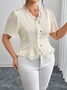 SHEIN Clasi Plus Size Elegant Ruffle Trim Front Button Cinched Waist Short Sleeve Shirt For Summer, Elegant Apricot Color Blouse,Old Money Style - Apricot - View 3