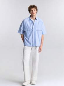 Ontre 2025 Spring/Summer Front Button Short Sleeve Pocket Striped Casual Shirt, Versatile, Breathable, Soft, Contrasting Stripes, Sunny Stylish - Baby Blue - View 3