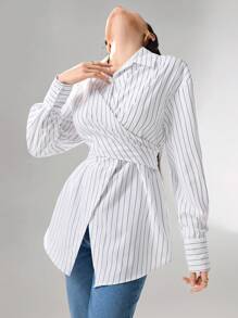 Heiryn 女式白色细条纹编织裹身衬衫，衬衫领，长袖，不对称下摆，打造休闲时尚外观，条纹衬衫 - 白色 - 查看 4