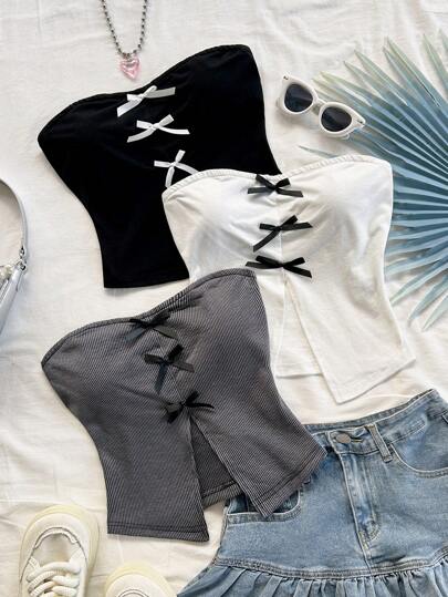 Soleia Conjunto de 3 piezas con top corto de punto para vacaciones, con diseño ajustado, lazo decorativo en la parte delantera, abertura en la parte delantera y bajo, adecuado para fiestas y el té de la tarde, versátil