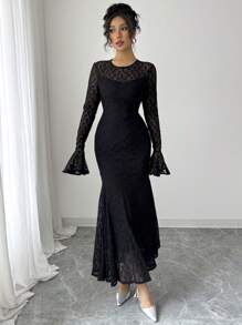 Modelyn French Retro Lace Patchwork Flare Sleeve Design Bodycon Fishtail Dress - Black - View 3