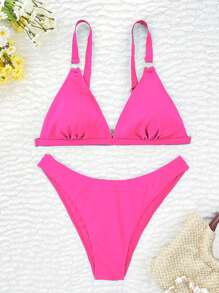 2026 Spring/Summer Women's Adjustable Strap Silver Ring Buckle V-Neck Fuchsia Side High Cut Bottoms Vacation Bikini 2-Piece Swimsuit - Hot Pink - View 7