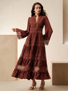 Anewsta 纯色蕾丝拼接优雅女装，适合春季、节日、休闲、度假、节日 - 鏽棕色 - 查看 7