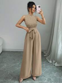 Elenzga Pearl Beaded Sleeveless Cinched Waist Khaki Jumpsuit,Elegant,Summer,Party,Women's Stacked Neck Wide Leg Jumpsuit For Wedding Evening Gowns - Khaki - View 5
