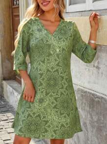 EMERY ROSE Plus Size Vintage Allover Print Casual Holiday Dress For Women - Olive Green - View 4