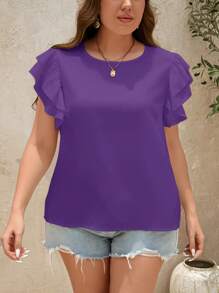 SHEIN Clasi Plus Size Solid Color Round Neck Ruffle Summer Casual Vacation Short Sleeve Blouse - Purple - View 8