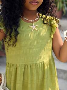 Tween Girl's Vacation Loose Casual Sweet Cute Textured Layered Cap Sleeve Dress, Suitable For Everyday, Commute, Leisure, Vacation, Gathering With Friends And Family, Spring/Summer Kids Summer Clothes Dress Summer Dresses For Girls Young Girls Dresses Young Girls Dresses Unique Dresses For Girls - Green - View 6