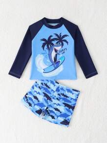 SHEIN Baby Boy Crab Print Long Sleeve Top And Striped Shorts 2pcs Swimsuit Set, Perfect For Beach, Pool, Swimming, Water Park, Surfing In Summer