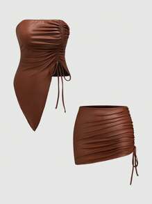 Flirla 2pcs Crop Top And Drawstring Mini Skirt Set - Brown - View 1