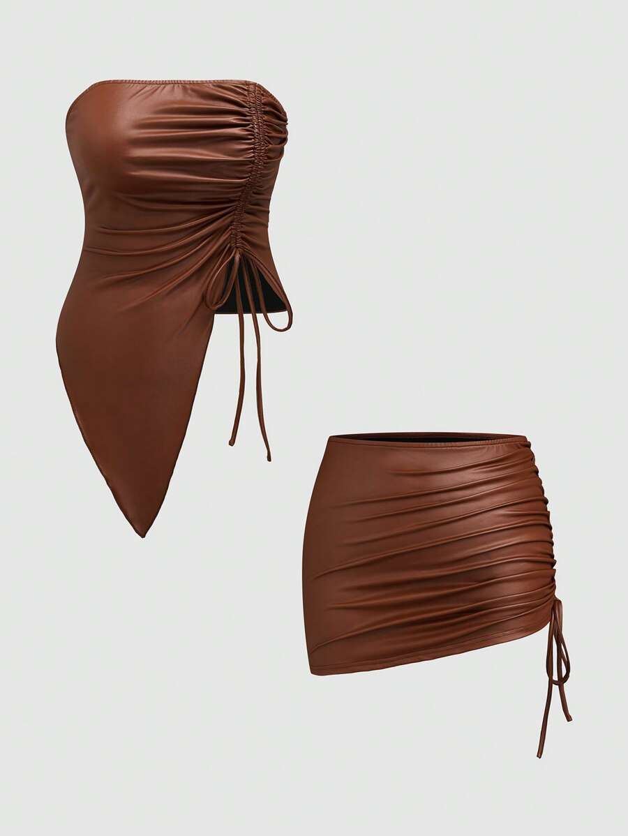 Flirla 2pcs Crop Top And Drawstring Mini Skirt Set - Brown - View 1