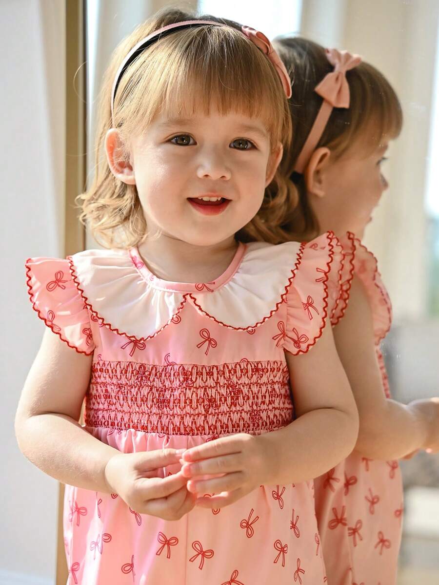 SHEIN Baby Girl Peter Pan Collar Pink Cap Sleeve Cute Bow Print Romper, For Daily Outing - Pink - View 1