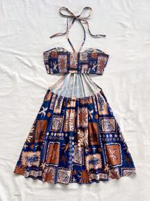 Soleia Cruise Festival, Easter, Valentine's Day Date Vintage Island & Seaside Graphic Print Halter Drawstring Hollow Waist Romantic Casual Vacation Summer Dress For Women - Multicolor - View 2