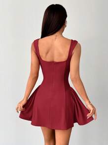 SHEIN PETITE Women's Date Party Solid Color Red Mini A-Plump Square Neck Sexy And Elegant Waist Bud Dress,Summer Dresses For Women