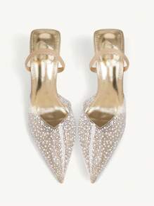 CUCCOO HITCHD 女士珍珠和水钻透明塑料带金色尖头细高跟封闭式鞋头一脚蹬凉鞋，性感优雅 - 金色 - 查看 6