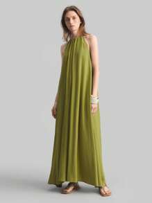 Ontre Mustard Green Bohemian Style Elegant Pocket Halter A-Line Dress - Green - View 7