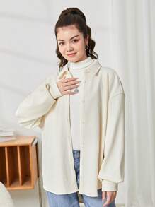 SHEIN Chaqueta casual de manga larga holgada con cuello, de tejido jacquard y forro de felpa para niña adolescente