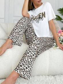 SHEIN Conjunto de pijama casual de pantalones y manga corta con estampado de leopardo y letra para mujer