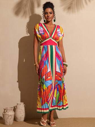 Vesra Colorful Print Deep V-Neck Batwing Sleeve Pleated Vacation Dress For Women