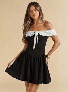 SHEIN BAE Vestido negro y blanco con contraste y hombros descubiertos, adecuado para fiesta, graduación, vestido negro, invitada de boda o verano - Negro - Ver 4
