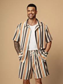 EASEVO 大码男士竖条纹宽松休闲衬衫和短裤套装 - 米色 - 查看 4