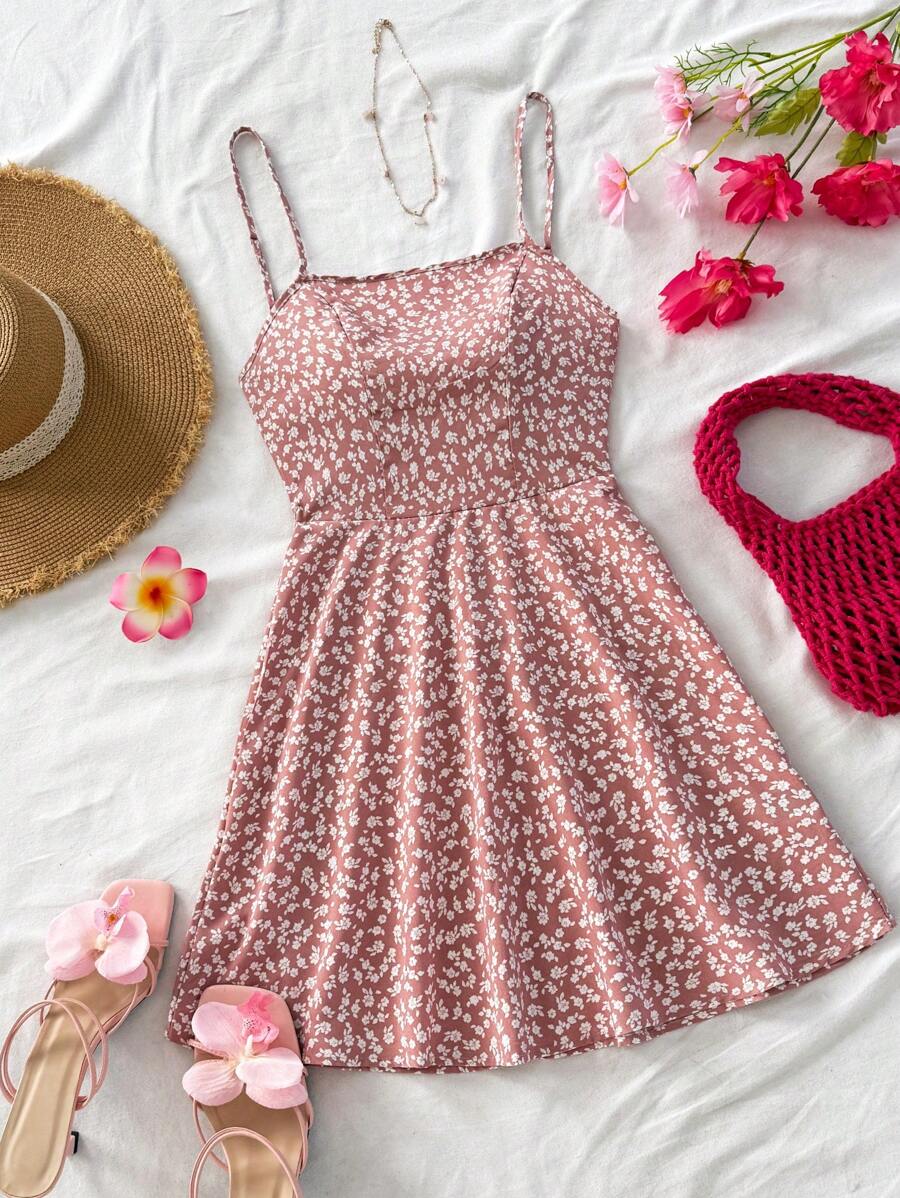 Soleia WYWH Vacation Spring Break Ditsy Floral Tie Backless Cami Pink Mini Dress,Summer Dresses For Women,Pastel Dresses For Women - Baby Pink - View 1