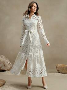 Anewsta Đầm dài tay thanh lịch thắt eo thêu ren cho nữ - trắng - Xem 3