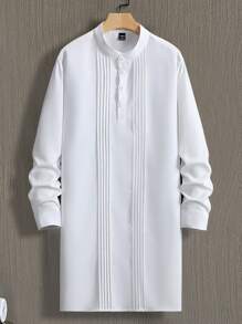 Manfinity Homme Men's Plain Long Sleeve Button Down Pleated Hem Long Shirt - White - View 4