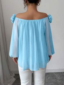 Rafferiza Women's Elegant Off Shoulder Chiffon Blouse, Soft, Smooth Matte Fabric With 3D Floral Design, Versatile For Daily Wear, Dates & Parties, Long Sleeve Top - Blue - View 2