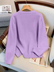 GlowEve CURVE 女式大码休闲简约优雅圆领单排扣长袖开衫 - 紫色 - 查看 2