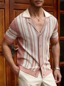 Manfinity Homme Men's Lapel Neck Colorful Stripe Hollow-Out Short Sleeve Knit Top Vintage , 70s , Knitted Shirt For Men, Button Up, Vintage, Men Italy Vacations - Baby Pink - View 4