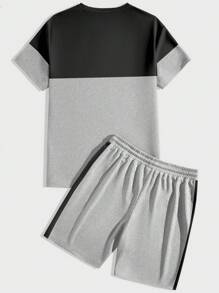 Manfinity Homme Men's Color Block Round Neck Short Sleeve Casual T-Shirt And Drawstring Waist Shorts Set - Multicolor - View 2