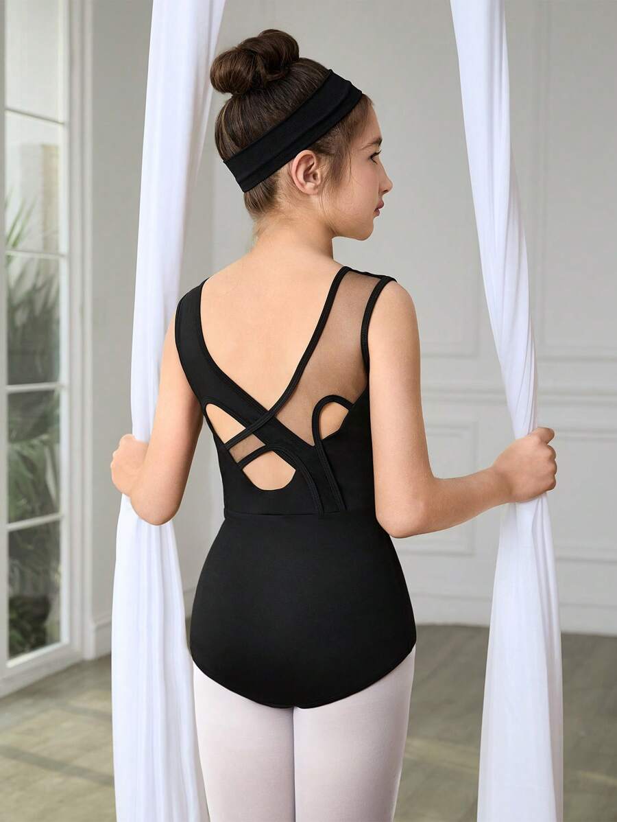 SHEIN Tween Girls Black Minimalist Jumpsuit Splice Mesh Slim Fit School Professional Training Ballet Gymnastics Dance Studio Dance Jumpsuit, All Season - Black - View 1